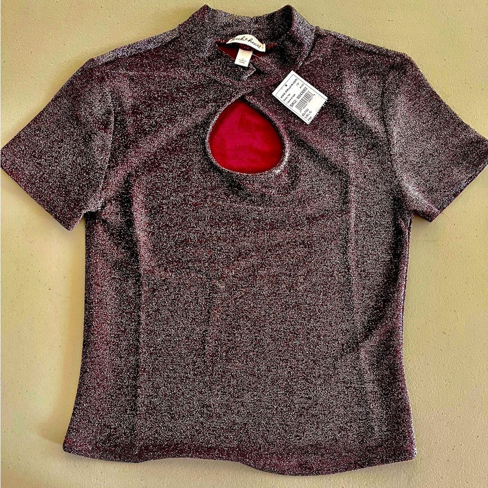Derek heart blouse in glitter fabric background in burgundy and silver glitter